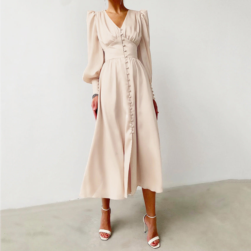 Women's Satin Dress Design Sense Lantern Sleeve Waist Dresses