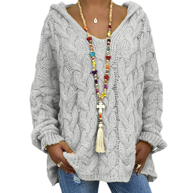 Women's Solid Color Twist Knitted Hoodie Sweater