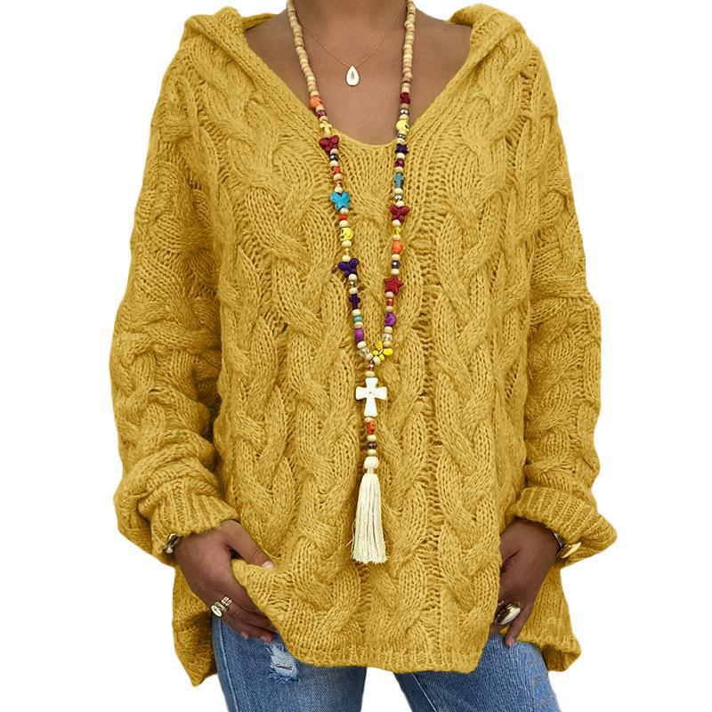 Women's Solid Color Twist Knitted Hoodie Sweater