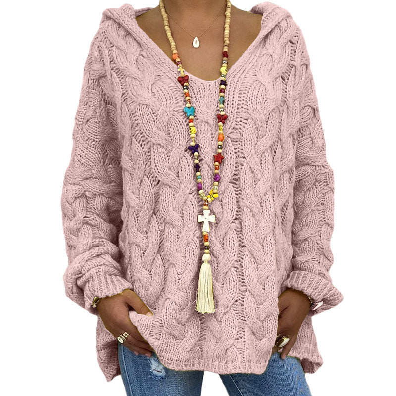 Women's Solid Color Twist Knitted Hoodie Sweater