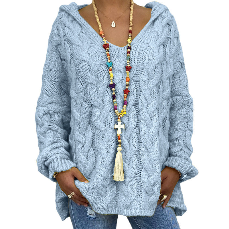 Women's Solid Color Twist Knitted Hoodie Sweater