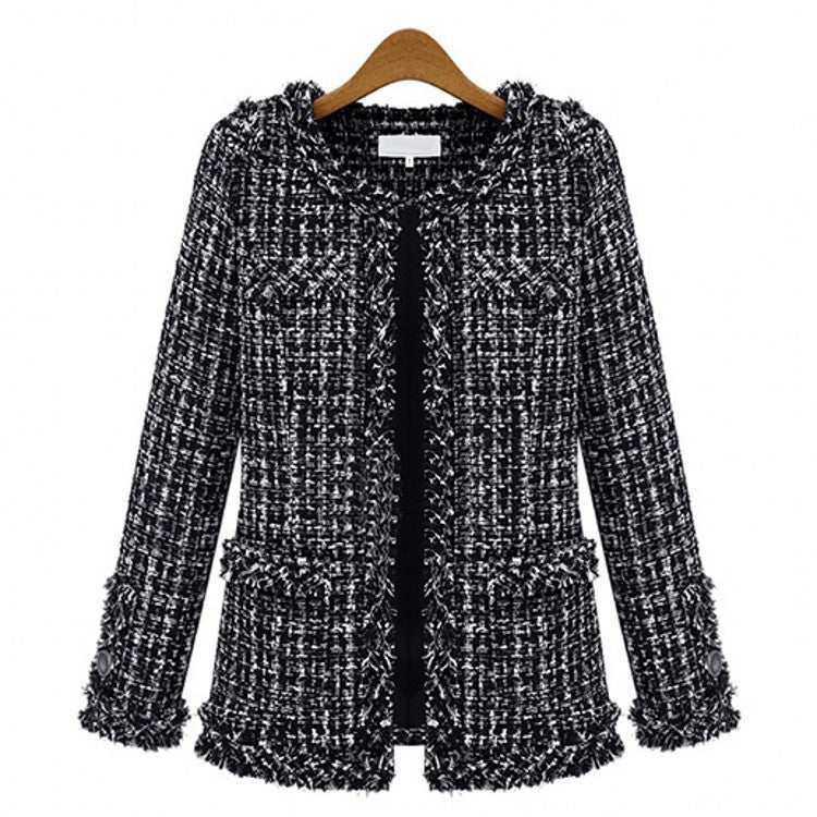 Women's Black White Lattice Pattern Tweed Coats