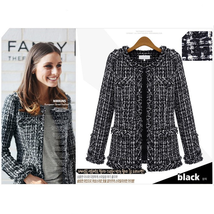 Women's Black White Lattice Pattern Tweed Coats