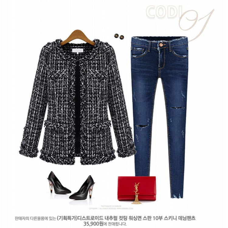 Women's Black White Lattice Pattern Tweed Coats