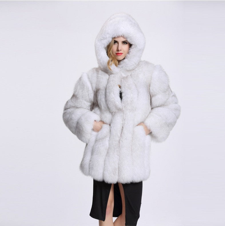 Women's Fur Fox Faux Hooded Stitching Mid-length Coats