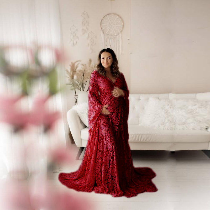 Deep Flared Sleeves Lace Loose Slit Wedding Dresses