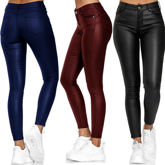 Women's Spring Solid Color Leather Casual Skinny Pants