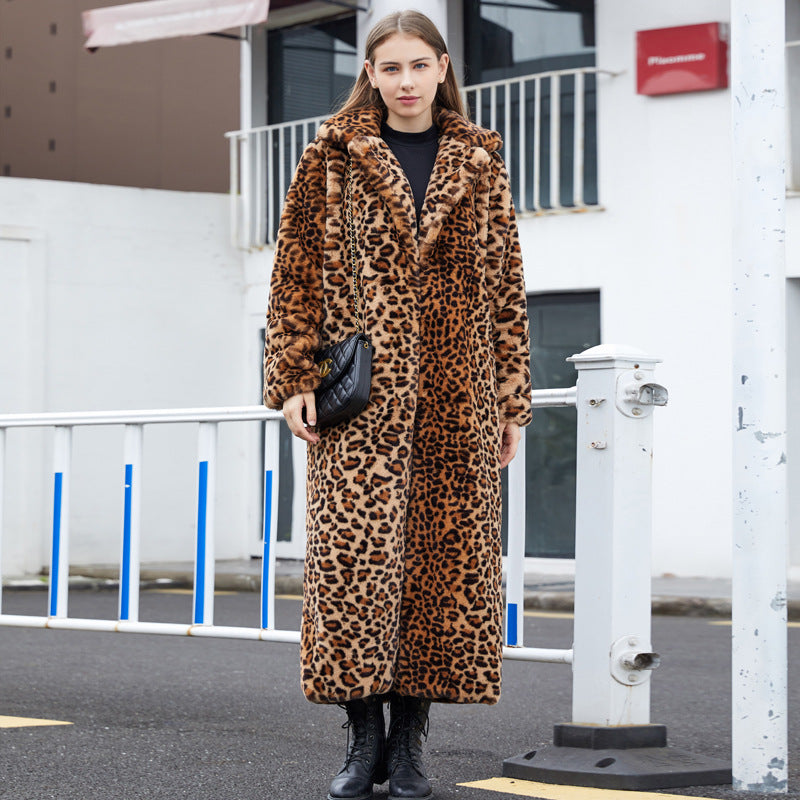 Leopard Print Rabbit Super Long Collar Coats