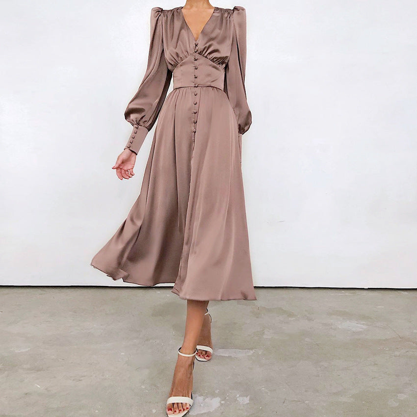 Women's Satin Dress Design Sense Lantern Sleeve Waist Dresses