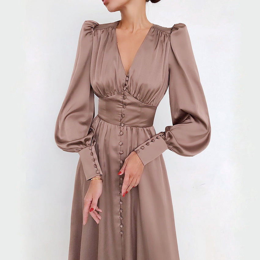 Women's Satin Dress Design Sense Lantern Sleeve Waist Dresses