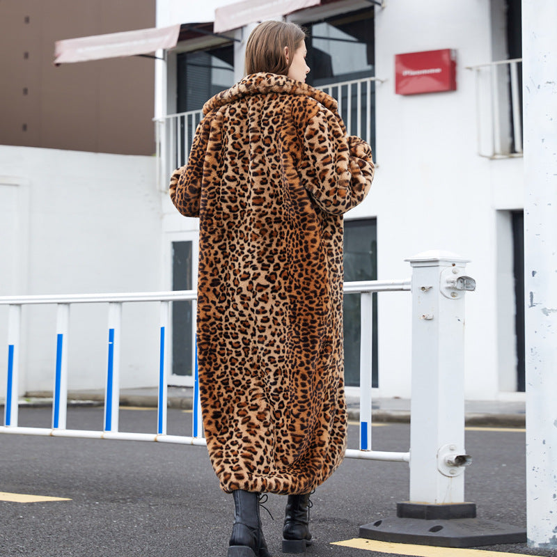 Leopard Print Rabbit Super Long Collar Coats