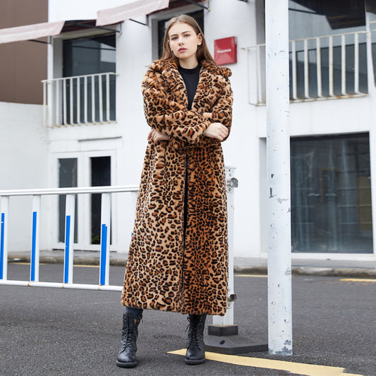 Leopard Print Rabbit Super Long Collar Coats