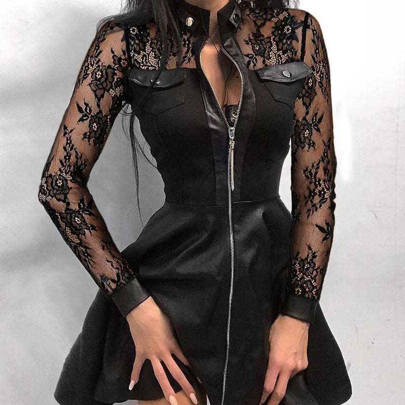 Women's Dress Fashionable Leather Stitching Waist Dresses