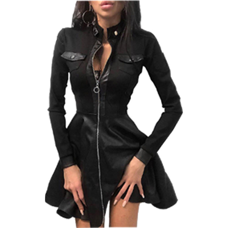 Trendy Women's Fashionable Leather Stitching Waist Dress