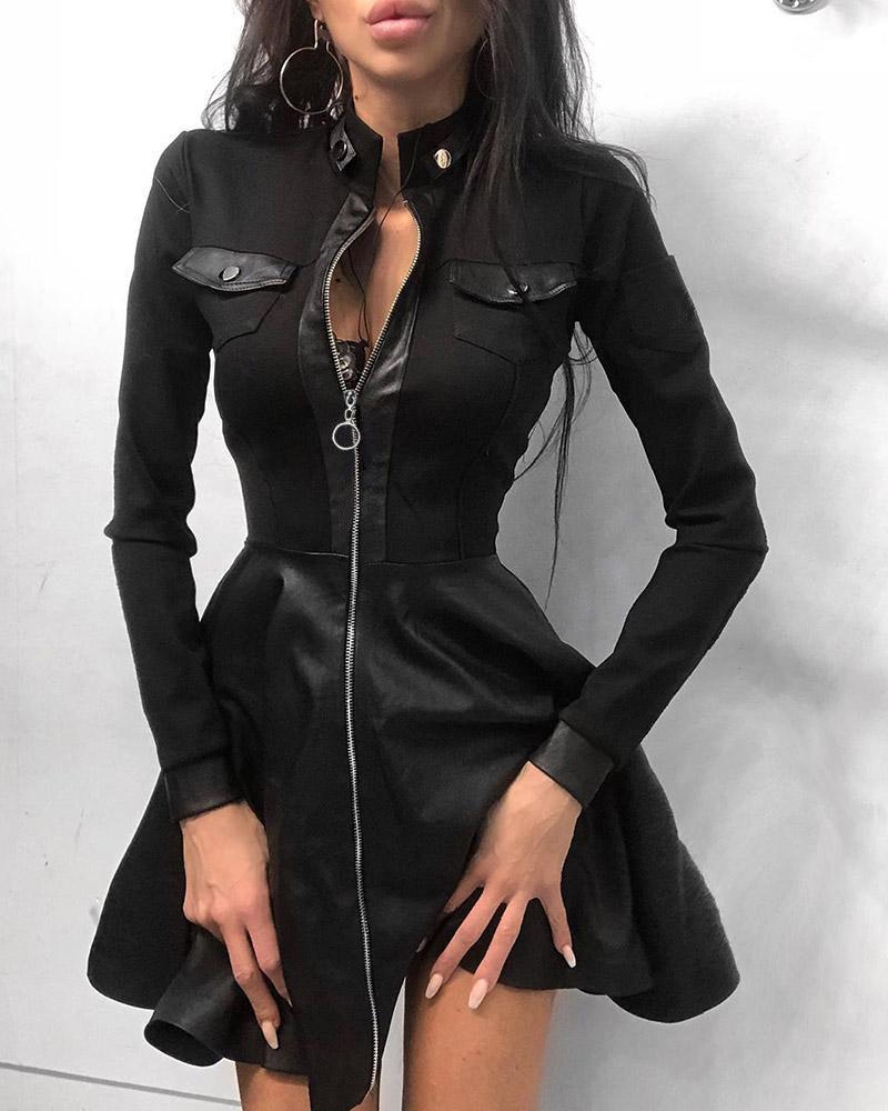 Women's Dress Fashionable Leather Stitching Waist Dresses