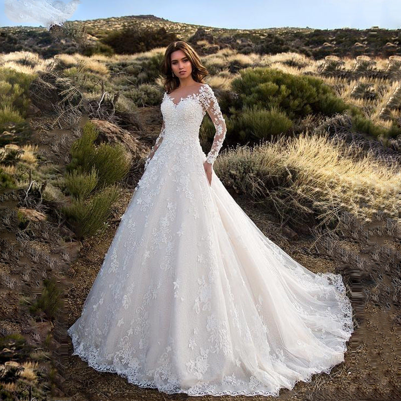 Women's White Dress Lace Embroidery Sleeve Bridal Wedding Dresses