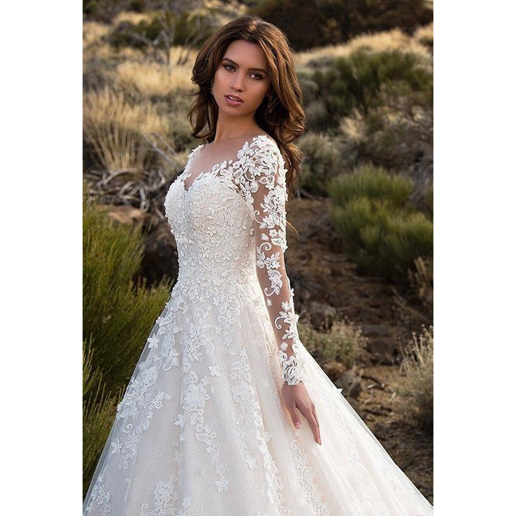 Women's White Dress Lace Embroidery Sleeve Bridal Wedding Dresses