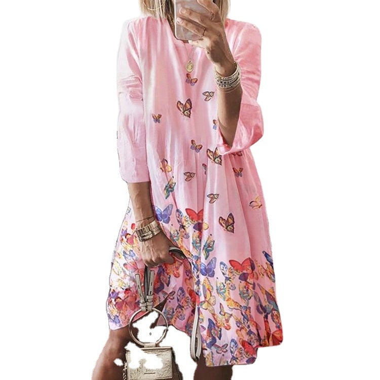 Women's Large Autumn Digital Printed Round Neck Dresses