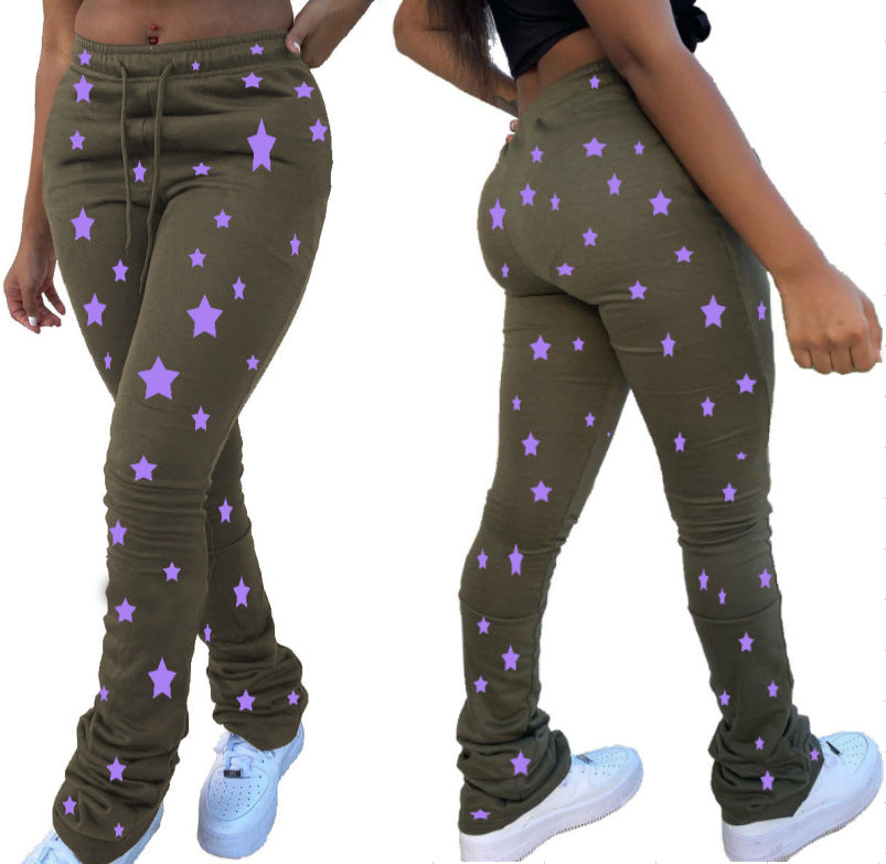 Women's Fashion Denim Print Drawstring Pile Pants