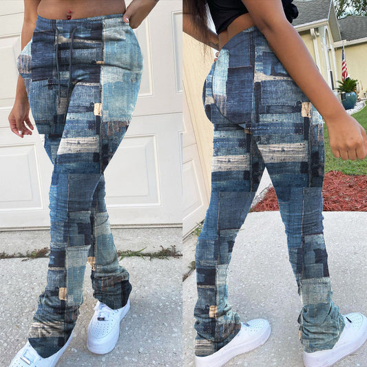 Women's Fashion Denim Print Drawstring Pile Pants