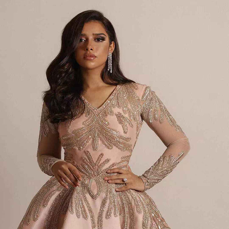Women's Spring Glossy Silk Bronzing Long Sleeve Dress Wedding Dresses