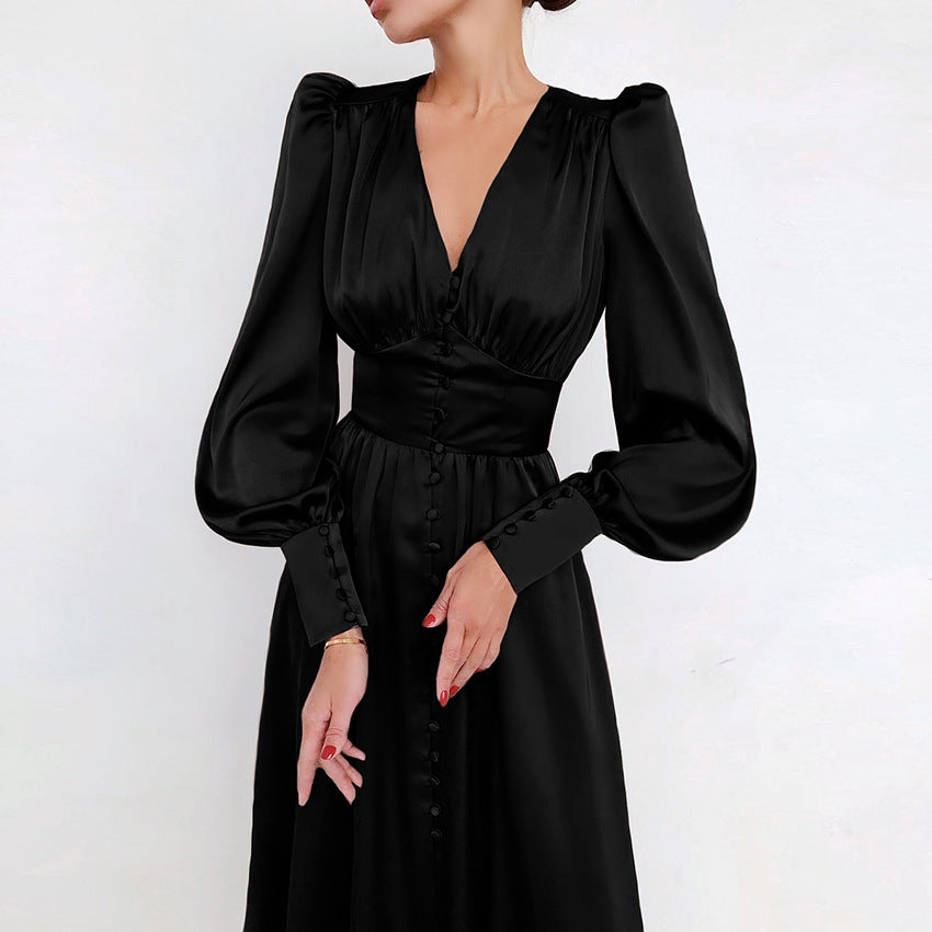 Women's Satin Dress Design Sense Lantern Sleeve Waist Dresses