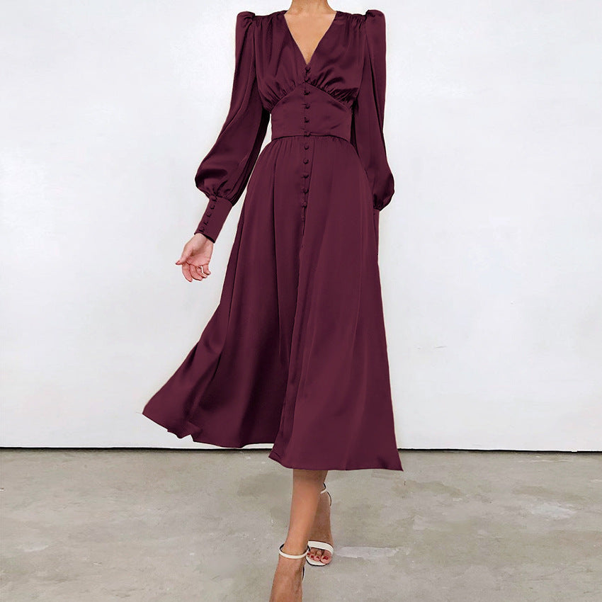 Women's Satin Dress Design Sense Lantern Sleeve Waist Dresses