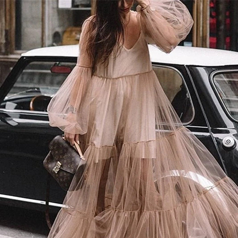 Women's Fashion Puff Sleeve Mesh Dress Long Dresses