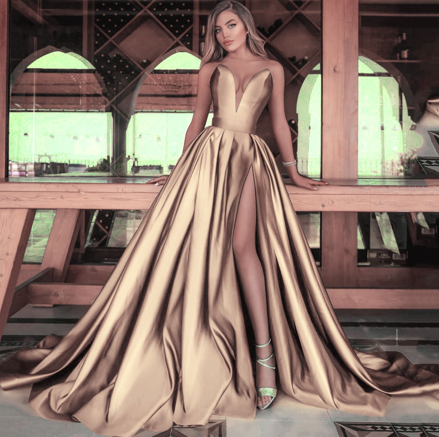 Women's Sexy Deep V Slit Dress Solid Color Wedding Dresses
