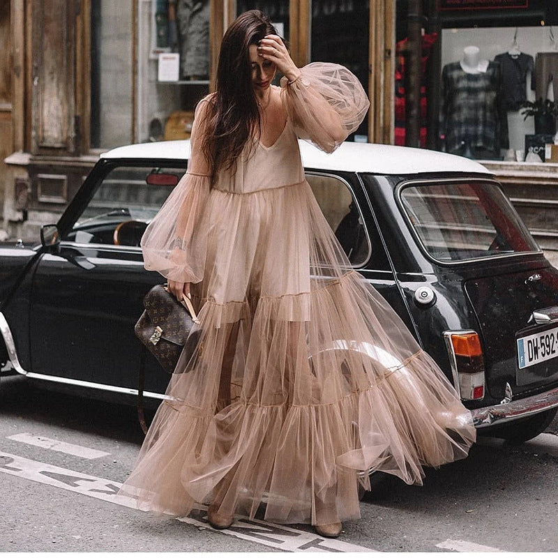 Women's Fashion Puff Sleeve Mesh Dress Long Dresses