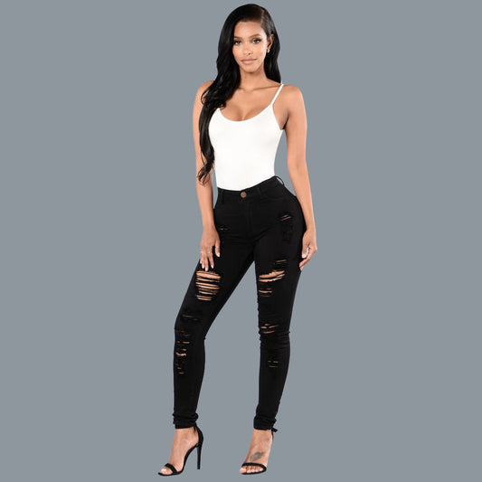 Women's Knee Ripped Slim Skinny Trousers Jeans