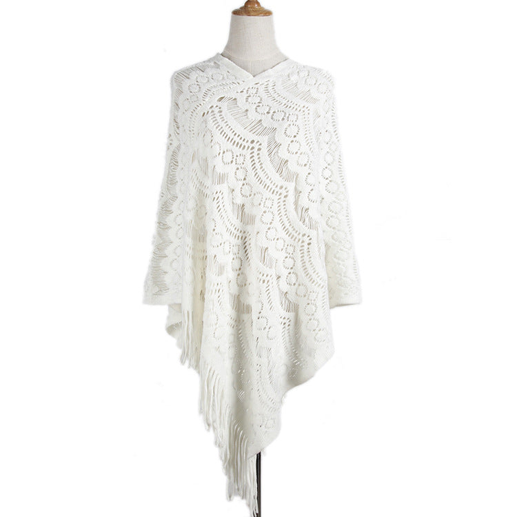 Women's Mid-length Crocheted Irregular Tassel Pullover Cape Women's Sweater