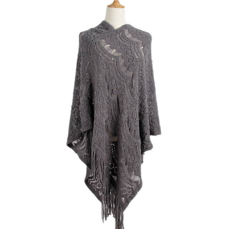 Women's Mid-length Crocheted Irregular Tassel Pullover Cape Women's Sweater