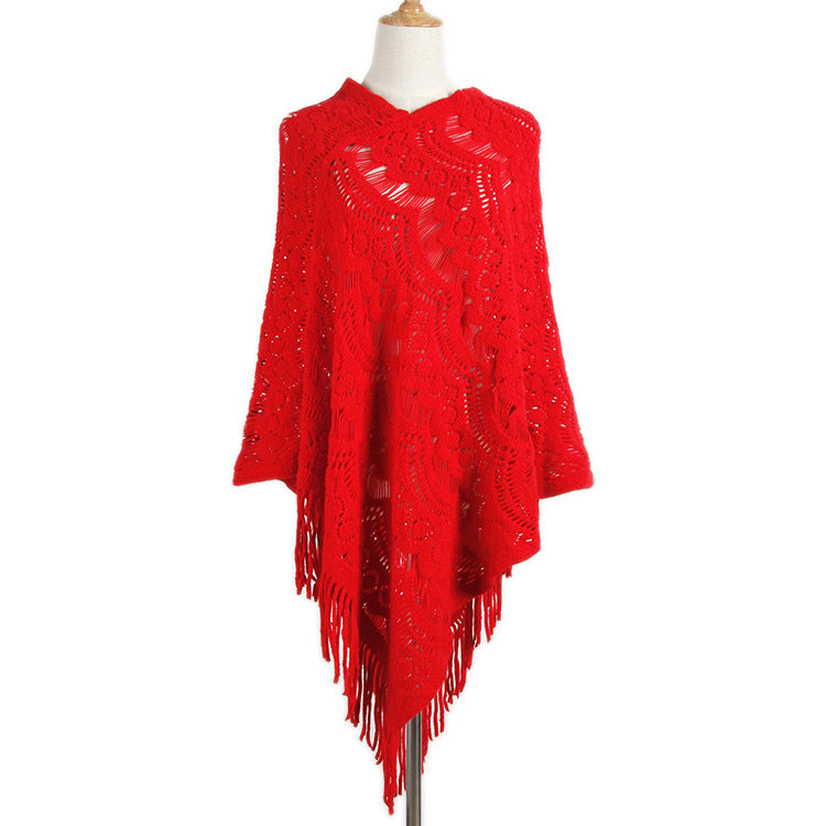 Women's Mid-length Crocheted Irregular Tassel Pullover Cape Women's Sweater