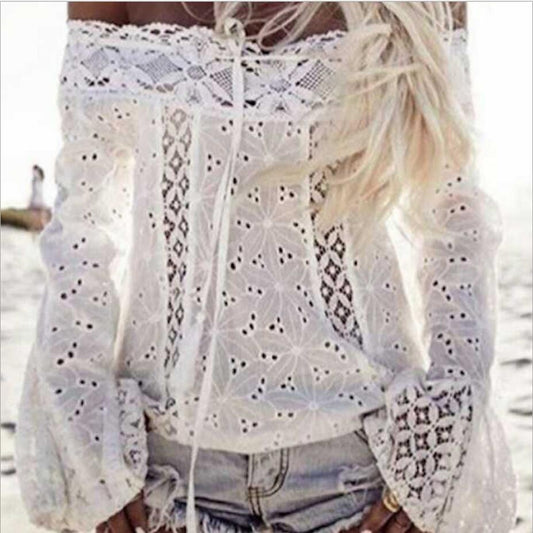 Women's White Bell Sleeve Lace Tassel Stitching Blouses