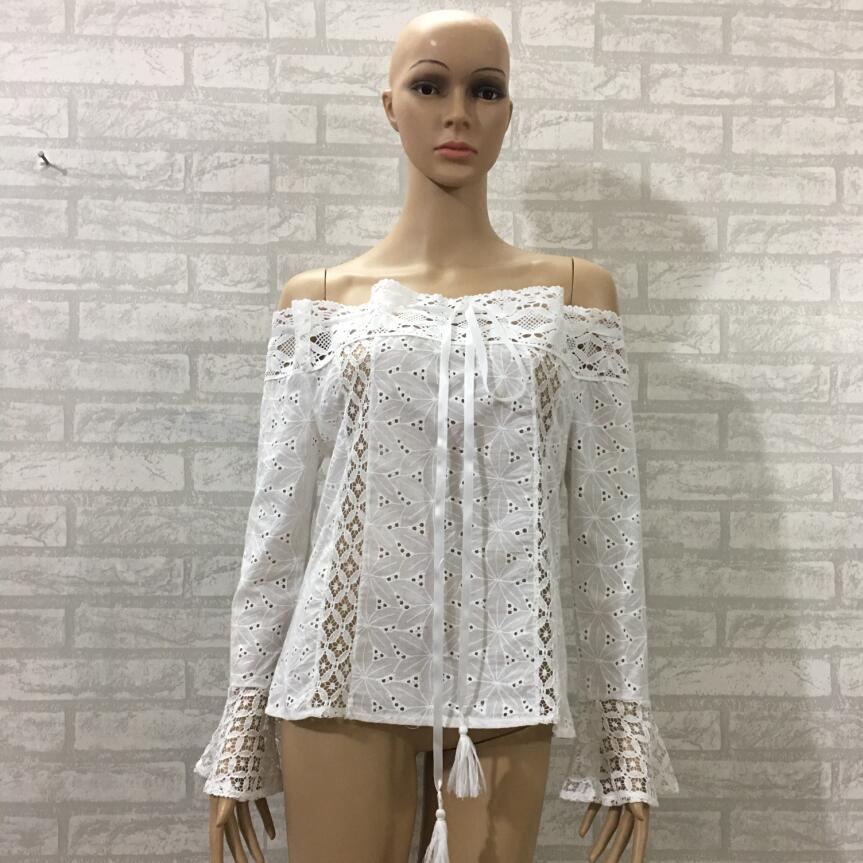 Women's White Bell Sleeve Lace Tassel Stitching Blouses