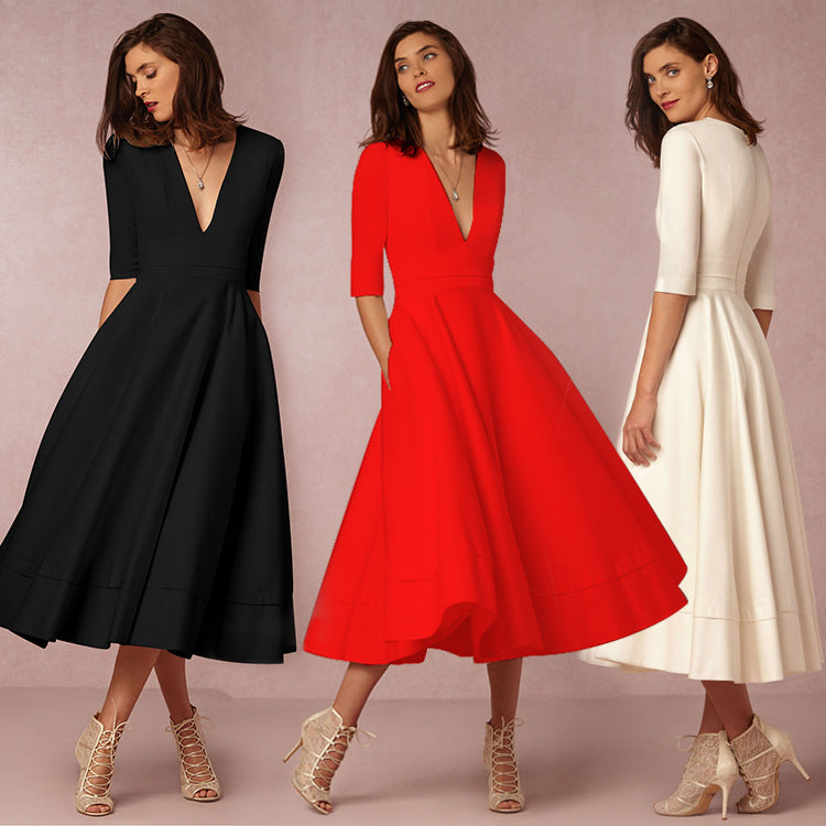 Versatile Classy Sexy Deep V Mid-length Dress