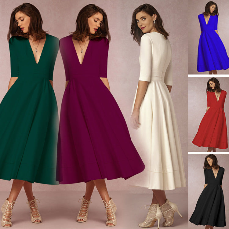 Versatile Classy Sexy Deep V Mid-length Dress