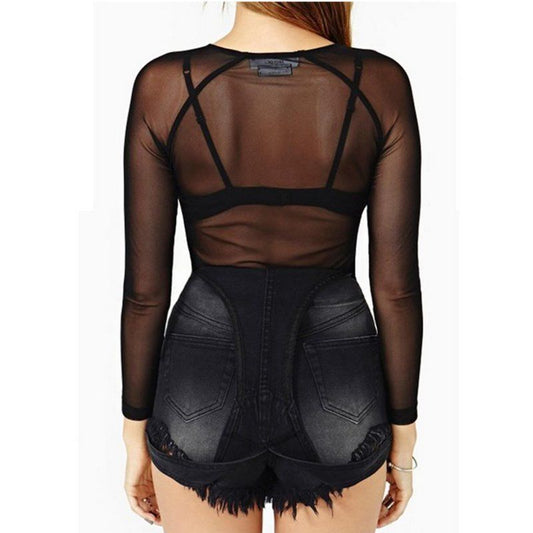 Women's Black Full Transparent Mesh Bottoming Shirt Long Sleeve Blouses