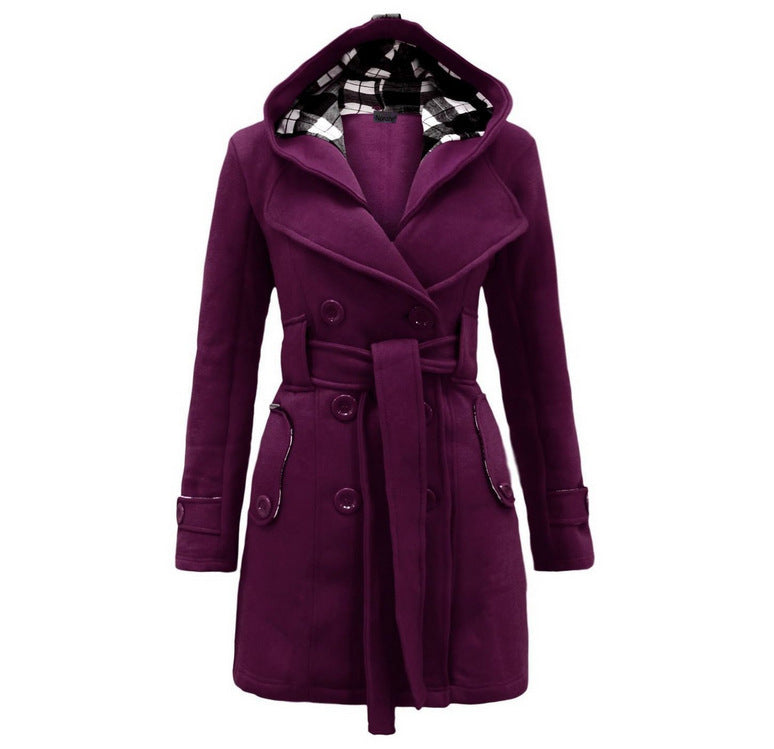 Women's Trench Woolen Plaid Hoodie Elegant Double-breasted Coats