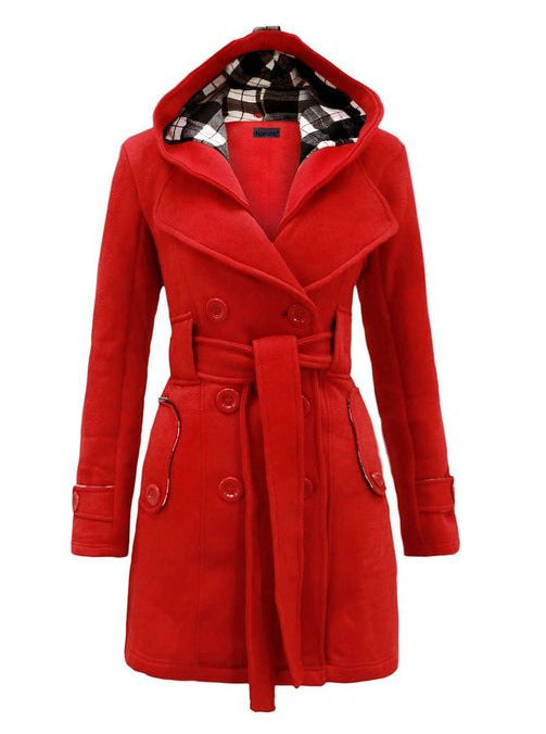 Women's Trench Woolen Plaid Hoodie Elegant Double-breasted Coats