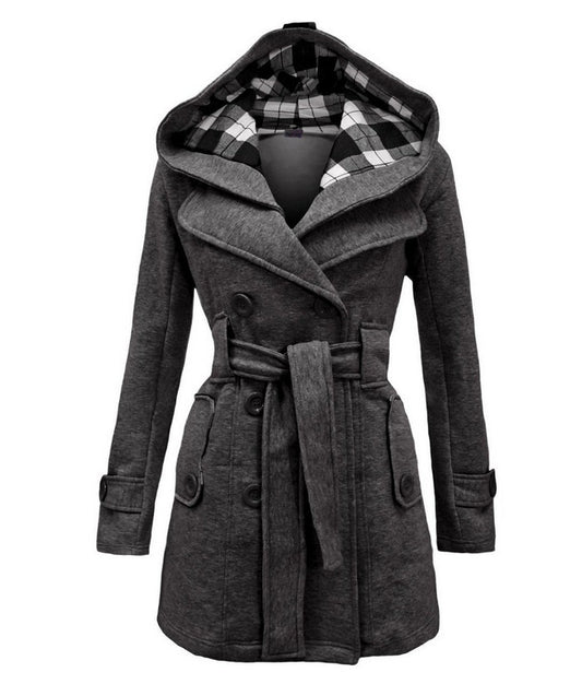 Women's Trench Woolen Plaid Hoodie Elegant Double-breasted Coats