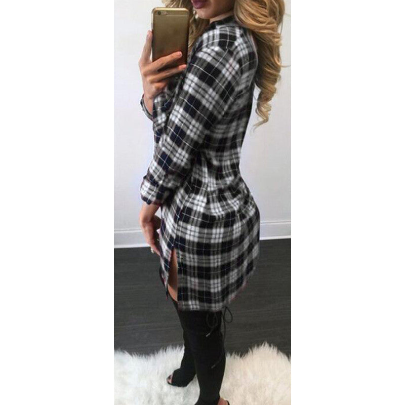 Women's Plaid Mid-length Tied Long Sleeves Shirt Dress