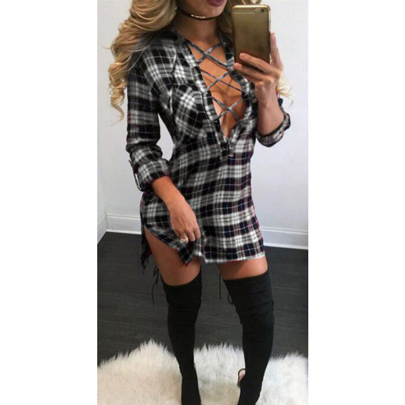 Women's Plaid Mid-length Tied Long Sleeves Shirt Dress