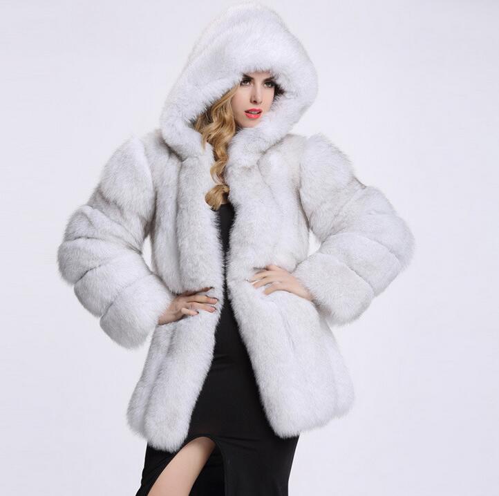 Women's Faux Fur Hooded Stitching Sier Fox Coats