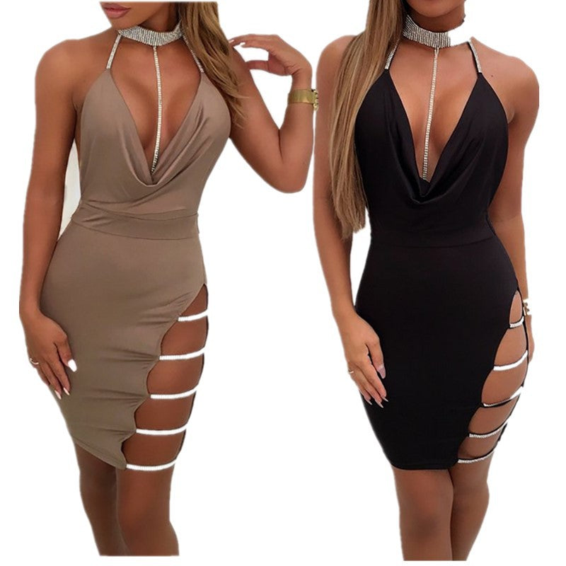 Hip Side Slit Hot Rhinestone Low-cut Halter Tight Jumpsuits