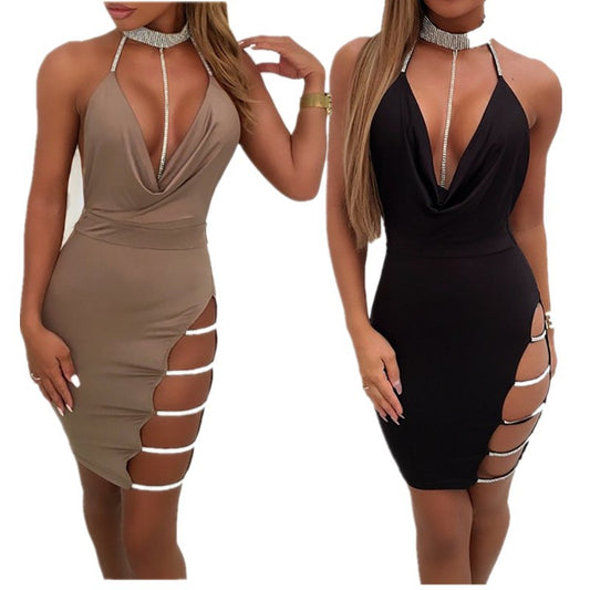 Hip Side Slit Hot Rhinestone Low-cut Halter Tight Jumpsuits