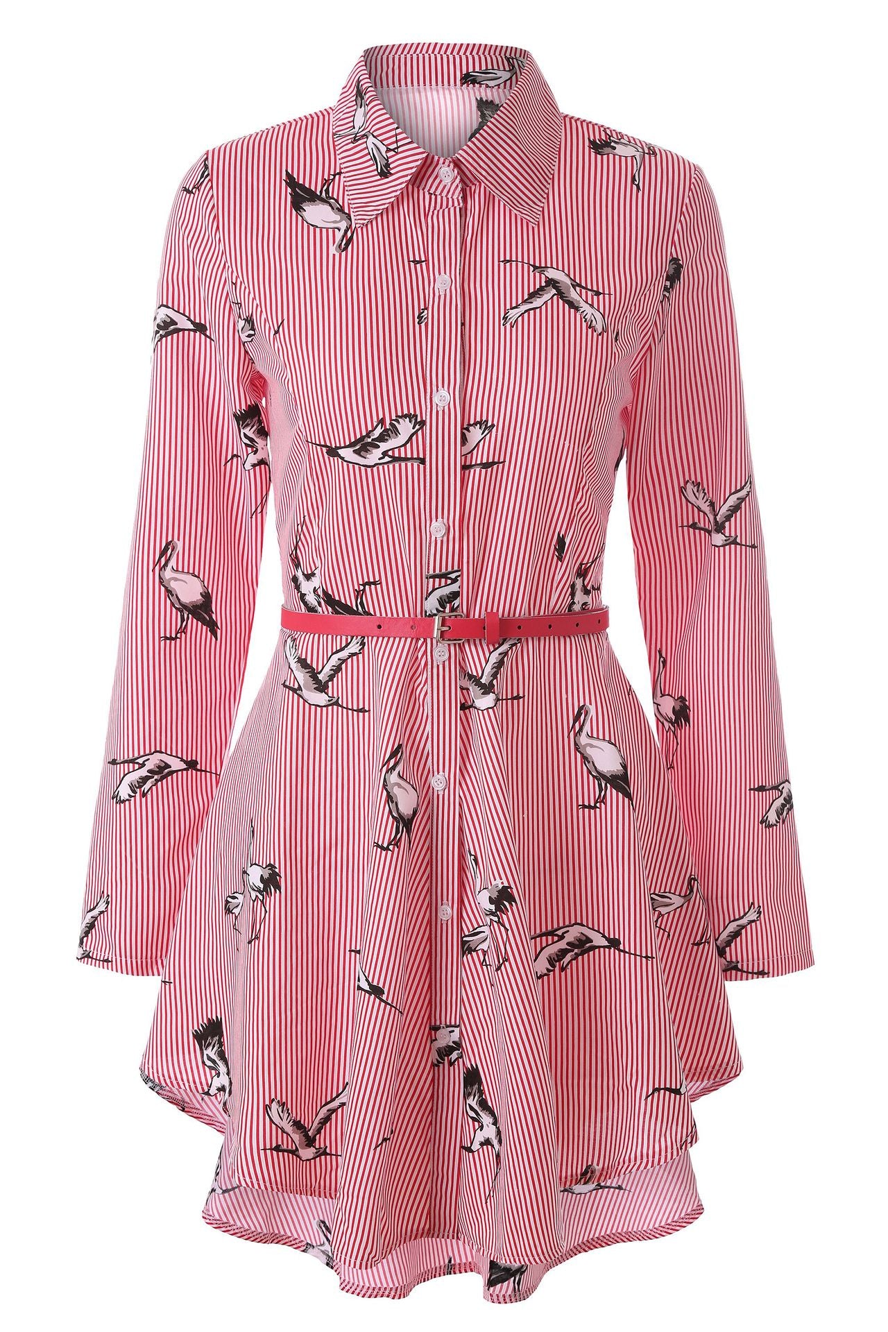 Women's Long-sleeved Striped Shirt Single-breasted Belt Elegant Dress