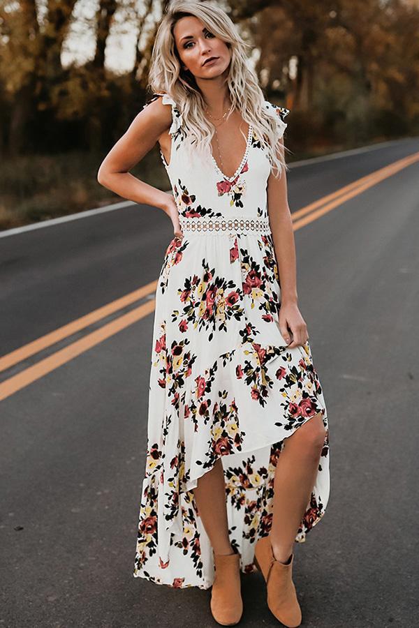 Women's Sleeveless Printed Floral Large Swing Irregular Dovetail Dress