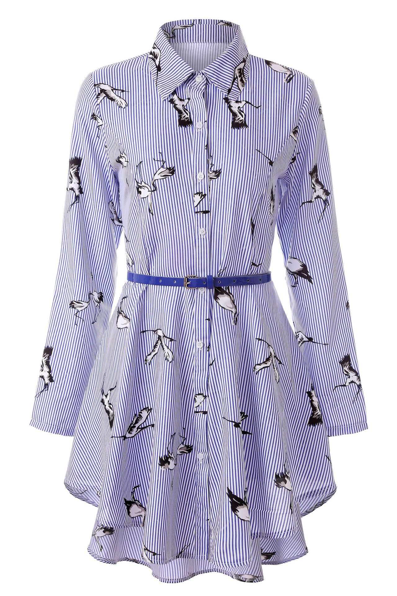 Women's Long-sleeved Striped Shirt Single-breasted Belt Elegant Dress
